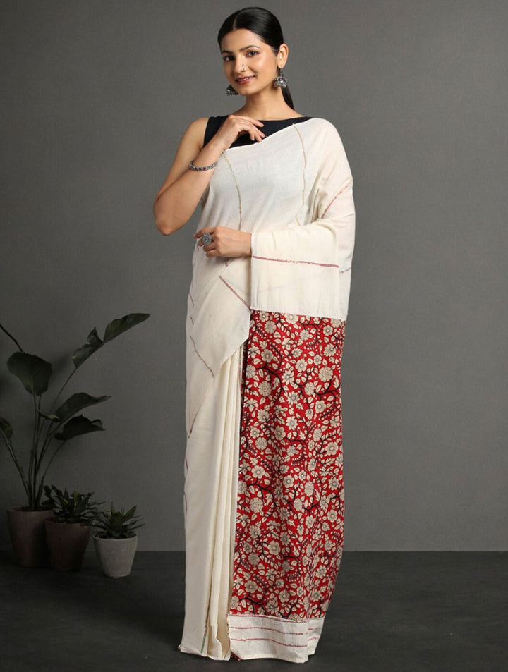 White Red Ajrak Print Khesh Cotton Saree with Blouse piece | SHOBITAM