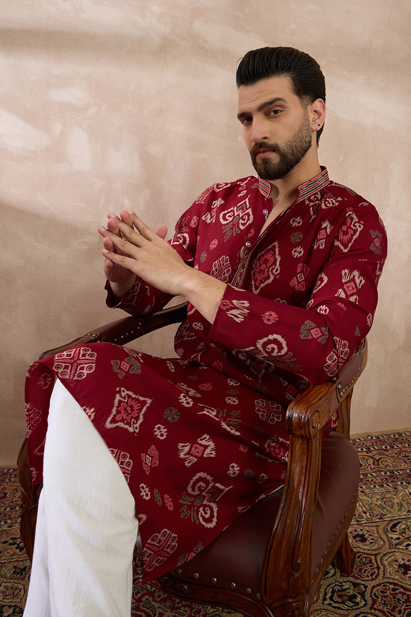Red Silk Blend Printed Mandarin Collar Straight Kurta For Men | SHOBITAM