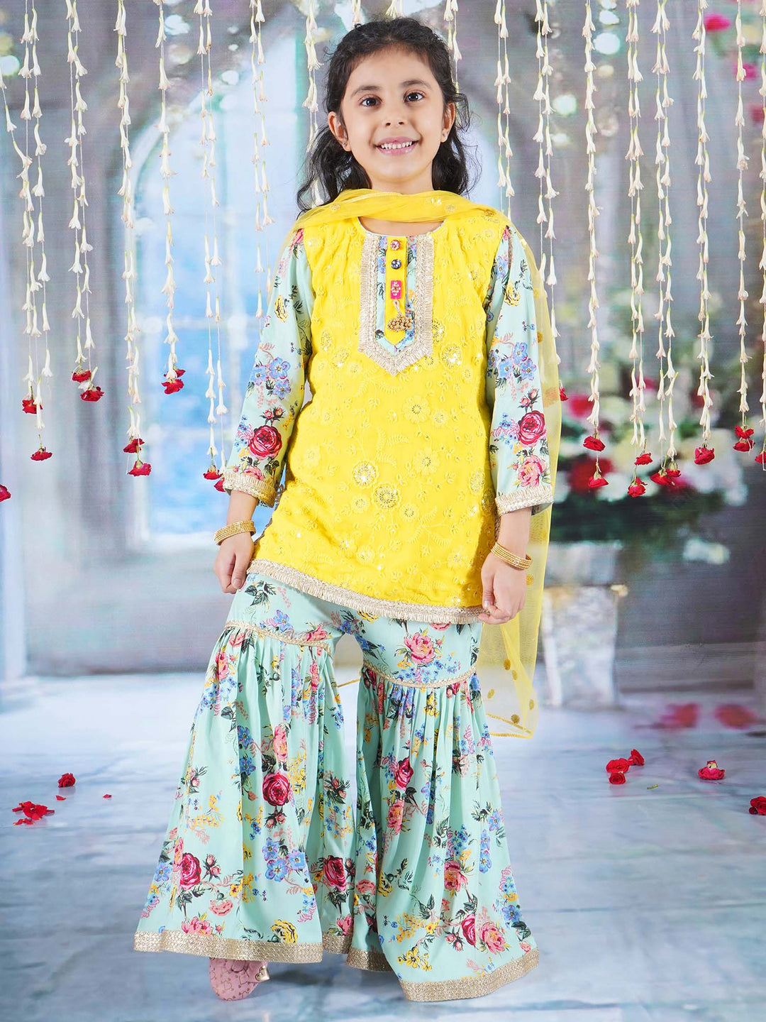 Rajasthani Floral Embroidery & Print Kurta Sharara - Yellow & Green | SHOBITAM