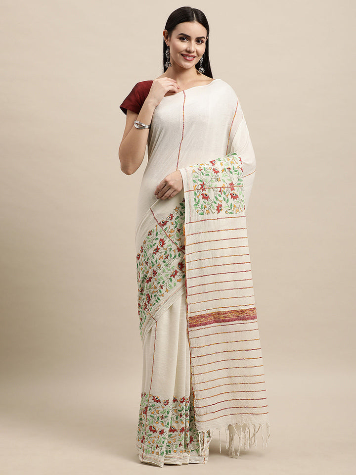 Cream Floral Kantha Cotton Saree | SHOBITAM
