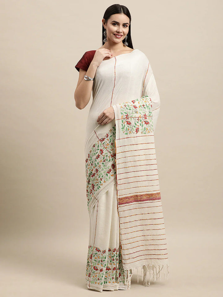 Cream Handloom Cotton Saree with Floral Kantha Embroidery Border