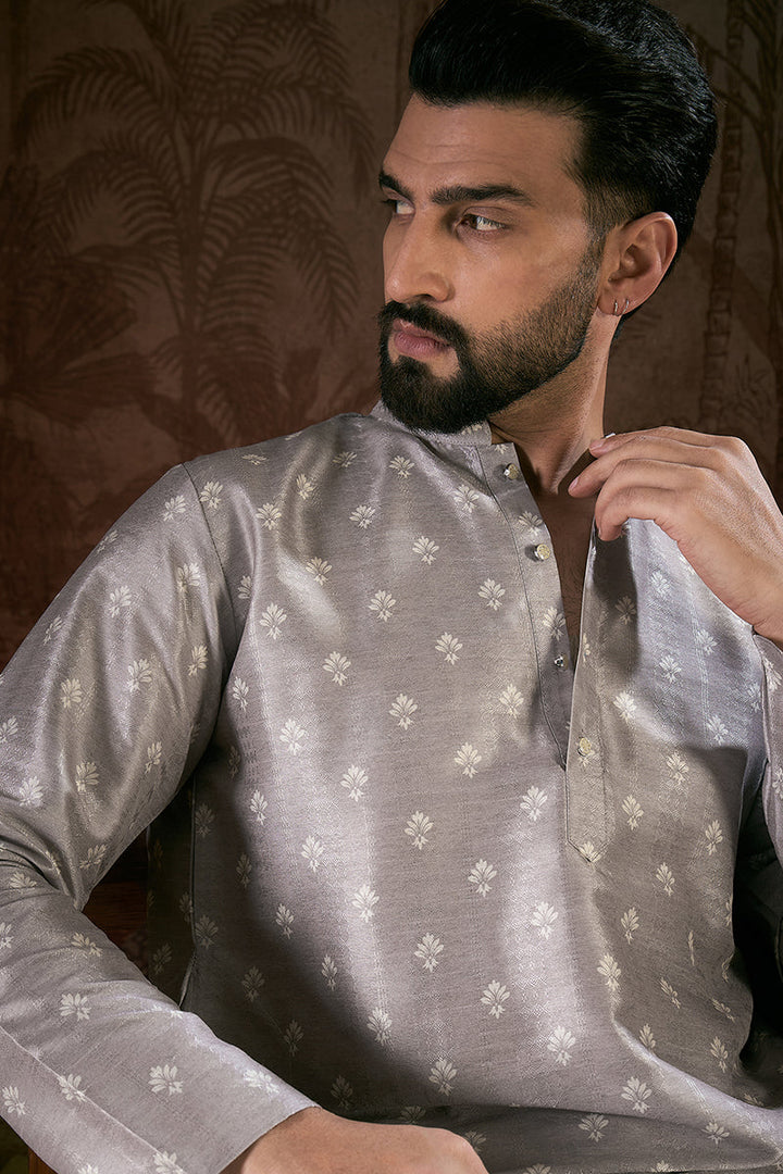 Grey Silk Blend Floral Printed Straight Kurta For Men | SHOBITAM
