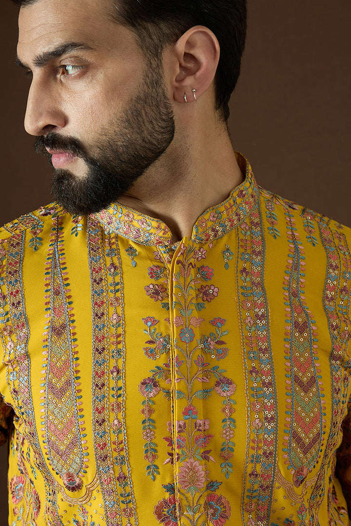 Yellow Georgette Solid Embroidered Straight Kurta Sets  | SHOBITAM