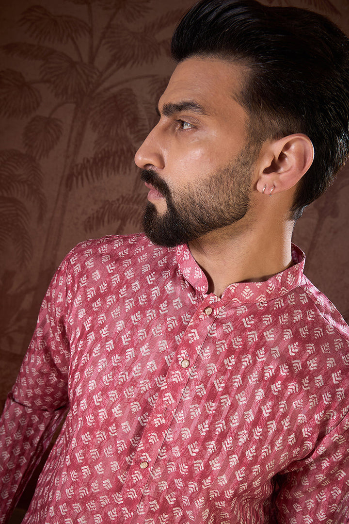 Pink Silk Blend Ethnic Motifs Printed Straight Kurta For Men | SHOBITAM