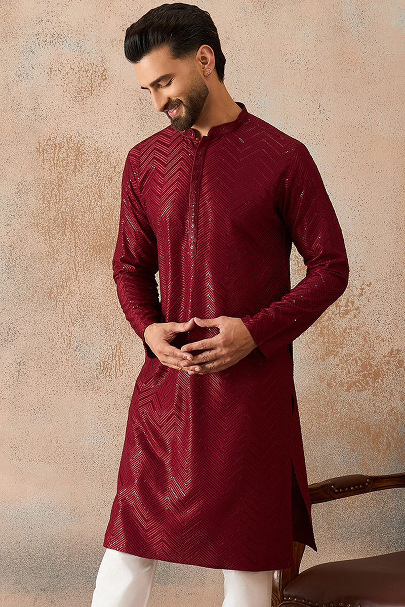 Maroon Rayon Embroidered Straight Kurta | SHOBITAM