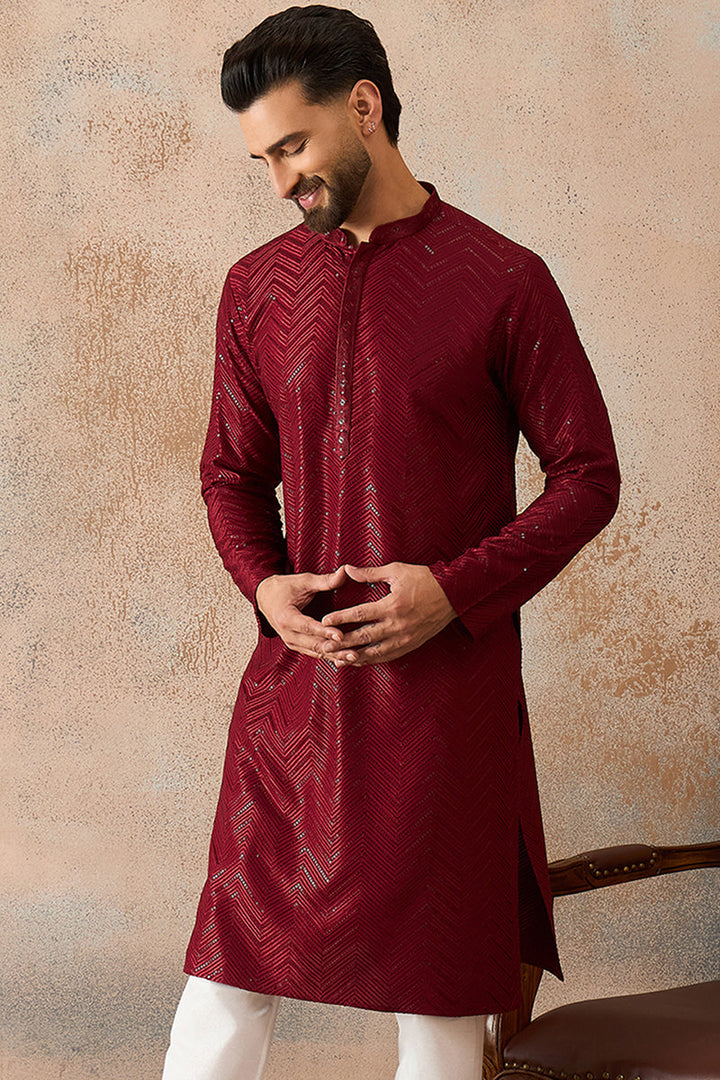 Maroon Rayon Embroidered Straight Kurta | SHOBITAM