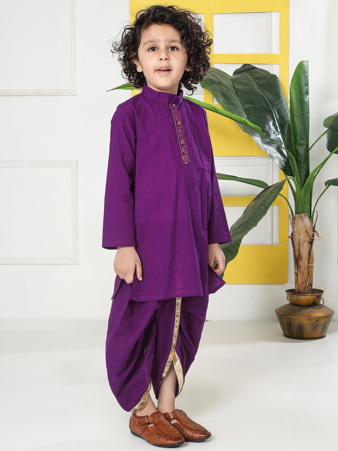 Purple Minimal Zari Embroidery Cotton Kurta Dhoti set | SHOBITAM