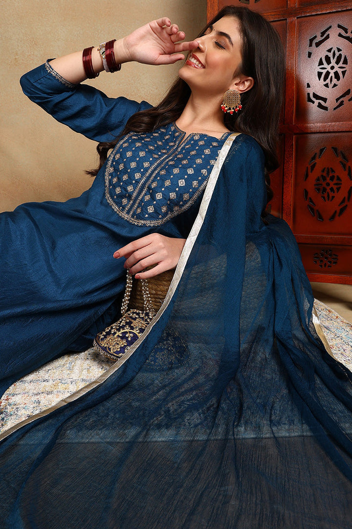 Silk Blend Blue Embroidered Straight Kurta Pant With Dupatta | SHOBITAM