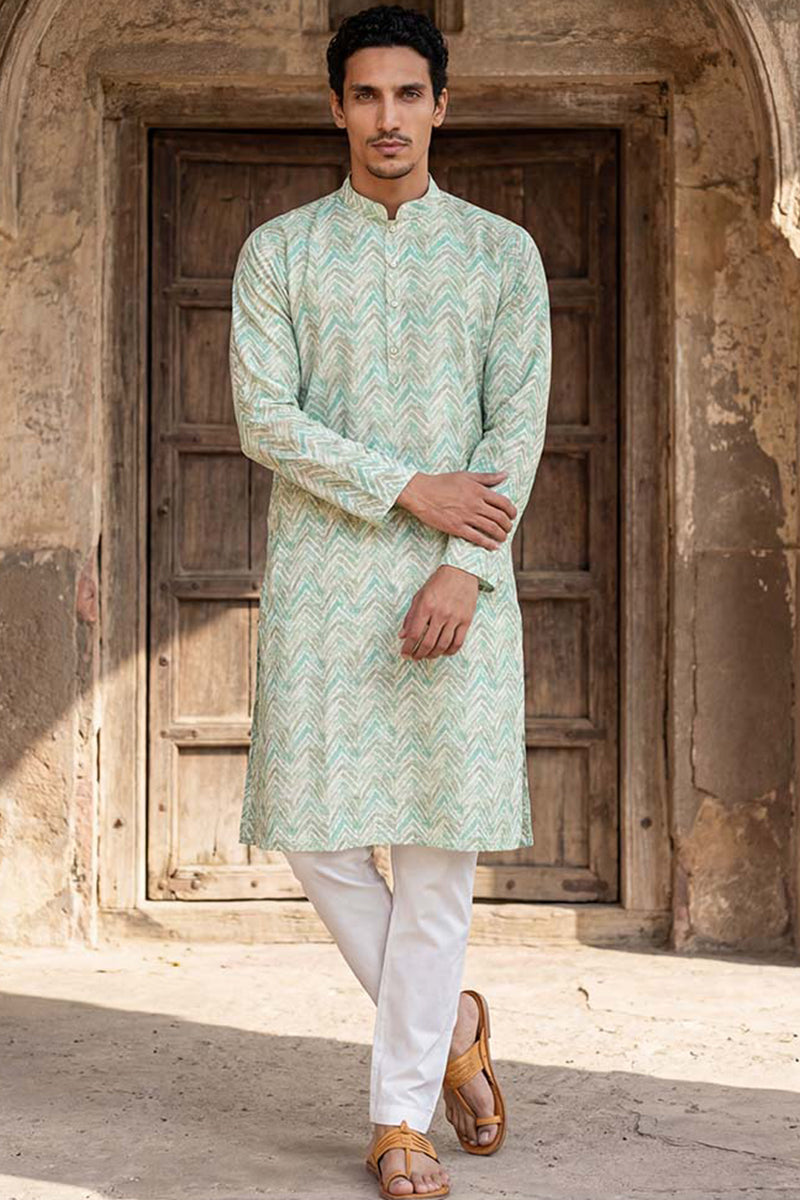 Green Linen Printed Straight Kurta  | SHOBITAM