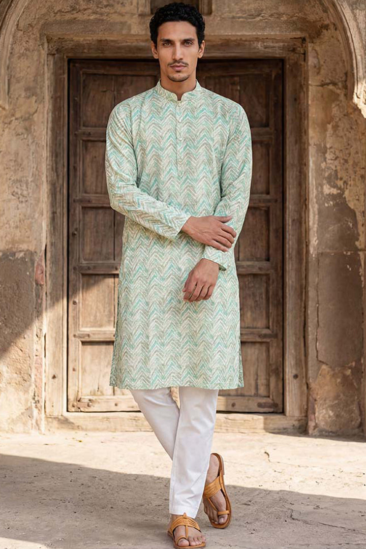 Green Linen Printed Straight Kurta  | SHOBITAM