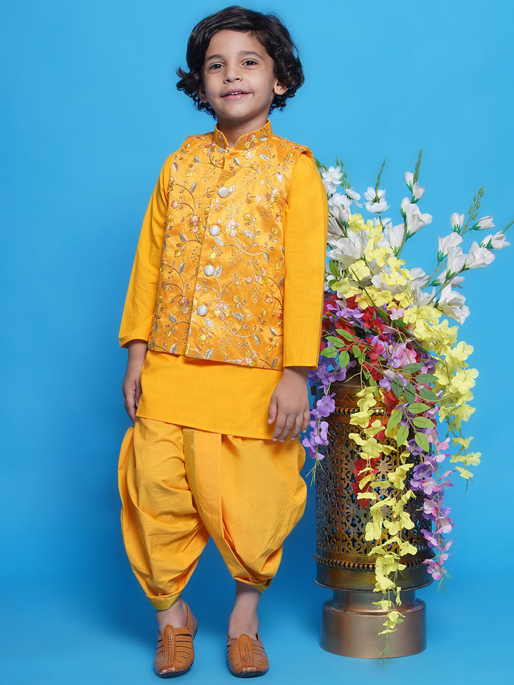 Boys Cotton Full Sleeves Kurta with Nehru Jacket and Dhoti with Floral Embrodiery -Haldi Yellow | SHOBITAM