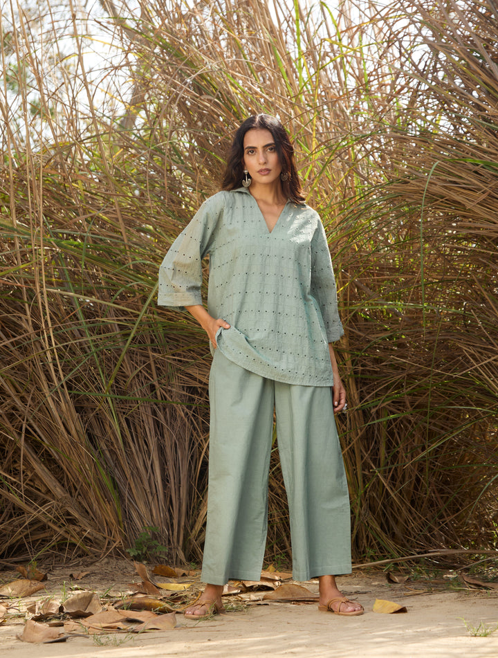Blue Cotton Cutwork Embroidered Co-ord Set  | SHOBITAM