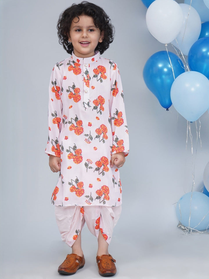 Boys Baby Pink Muslin Marigold Dhoti Kurta Set | SHOBITAM