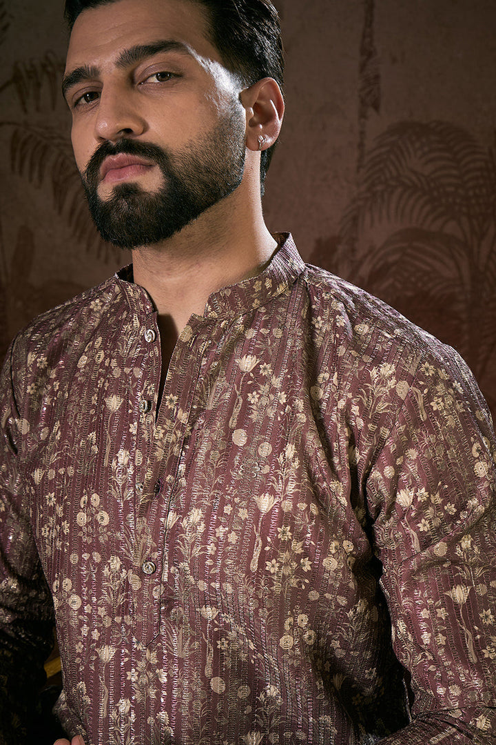 Mauve Silk Blend Floral Printed Straight Kurta For Men | SHOBITAM