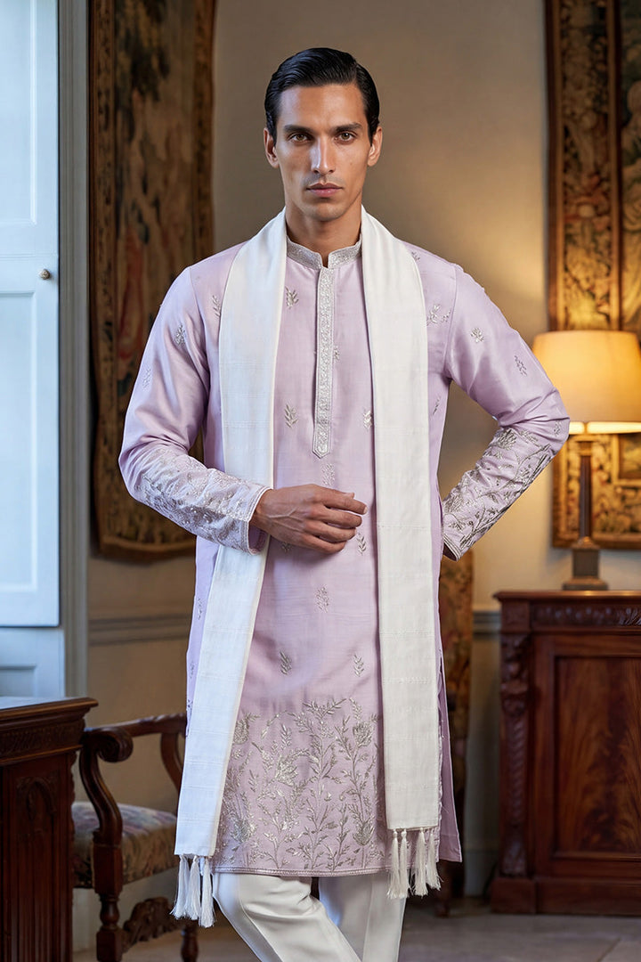 Men Lavender Silk Blend Floral Embroidered Straight Kurta Sets | SHOBITAM