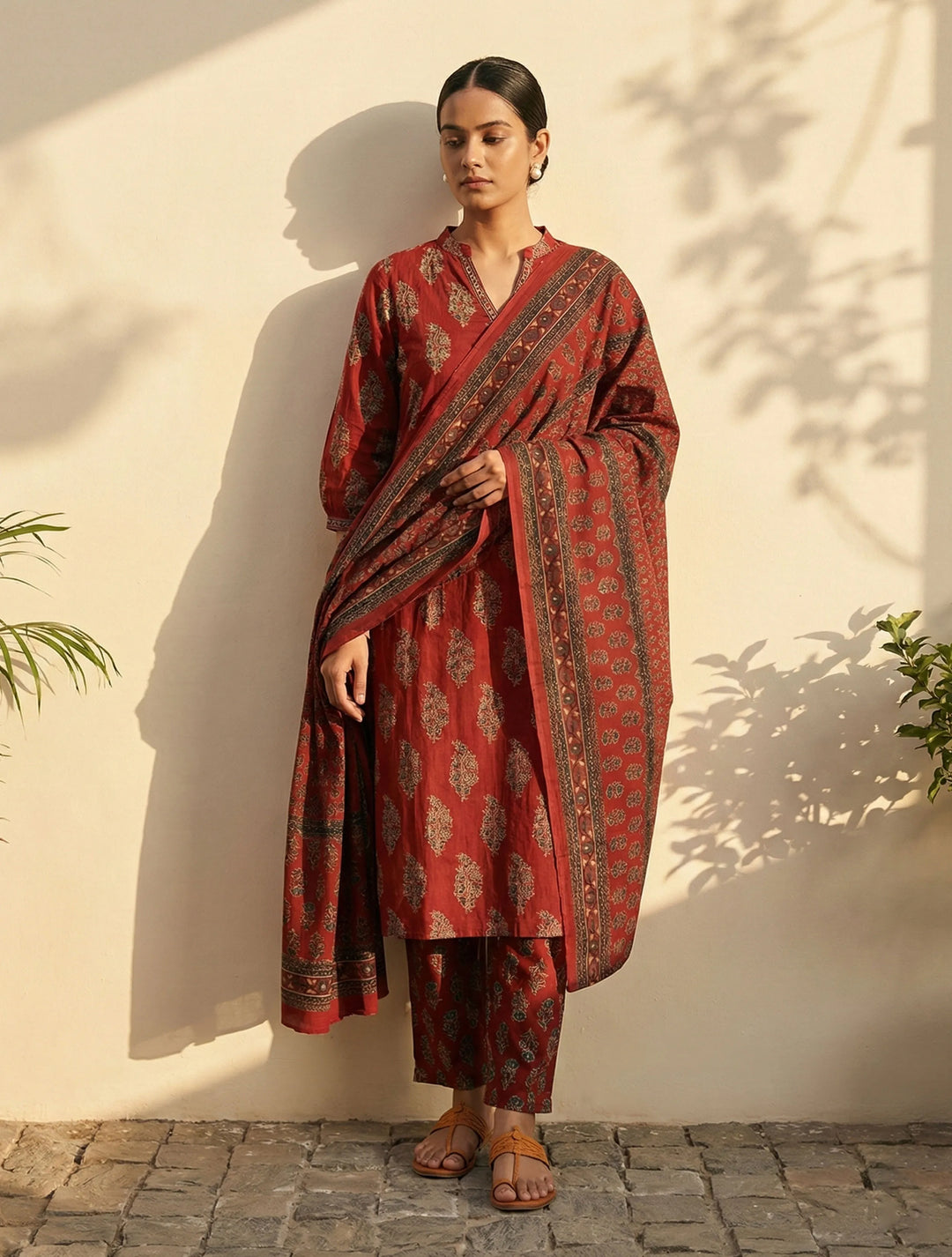 Rust Boota Print Angrakha Kurta Pant Dupatta Set | SHOBITAM