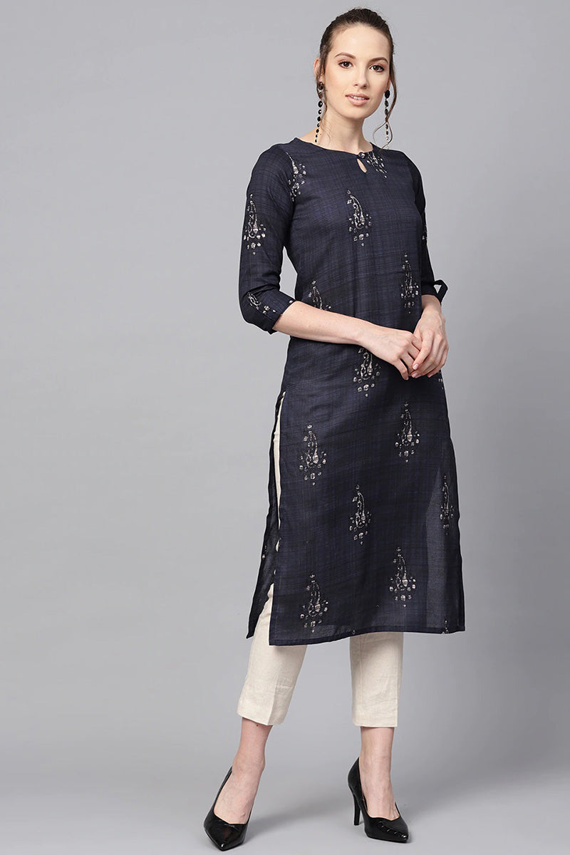 Rayon Blend Navy Blue and Off-White color Printed Straight Kurta | SHOBITAM
