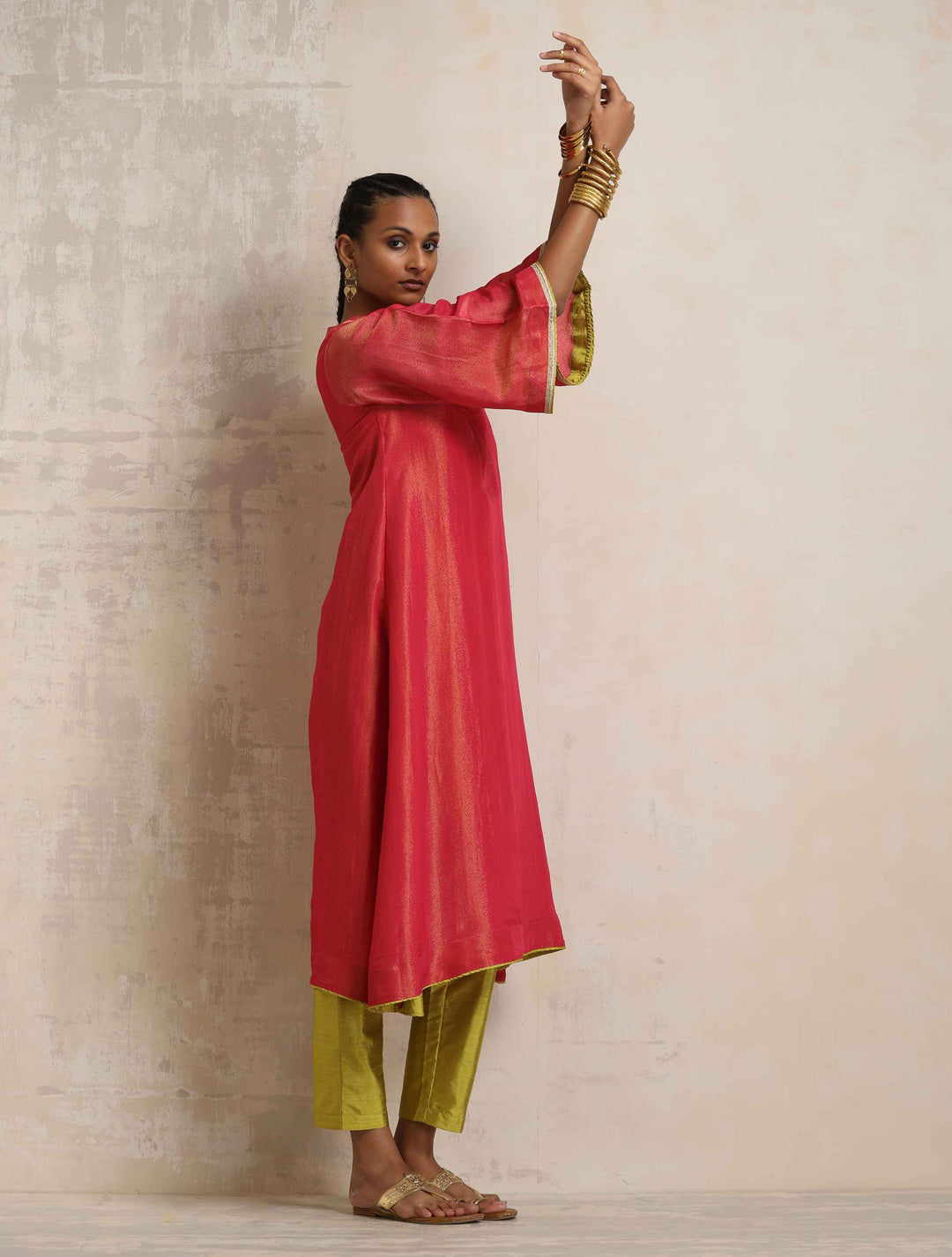 Hot Pink Tissue Flared Kurta Set | SHOBITAM