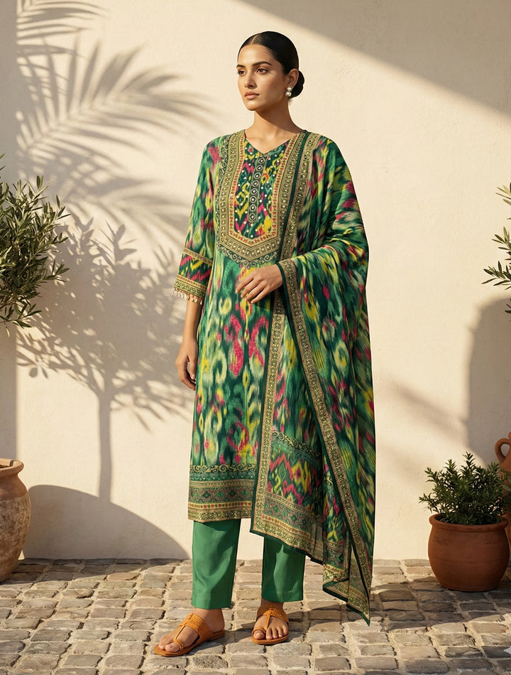 Green Ikat Print Embroidered V-Neck Kurta Pant Dupatta Set | SHOBITAM