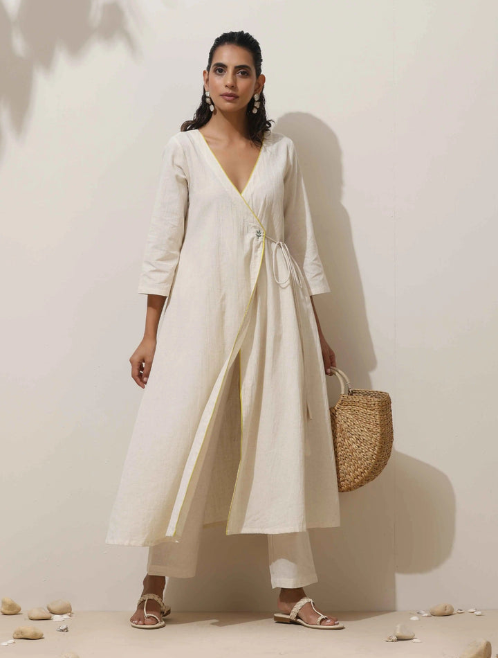 Off White Cotton Linen Angrakha Kurta Pant Set | SHOBITAM