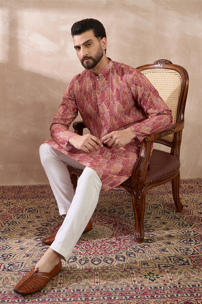 Pink Silk Blend Printed Mandarin Collar Straight Kurta With Trouser | SHOBITAM