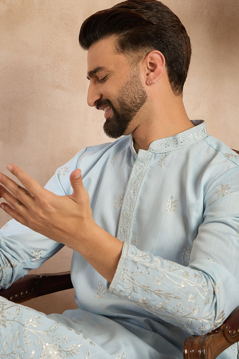 Blue Silk Blend Solid Embroidered Straight Kurta With Trouser For Men | SHOBITAM