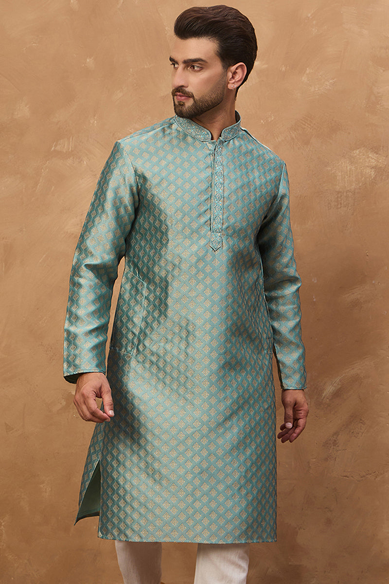 Blue Silk Blend Solid Woven Design Straight Kurta | SHOBITAM