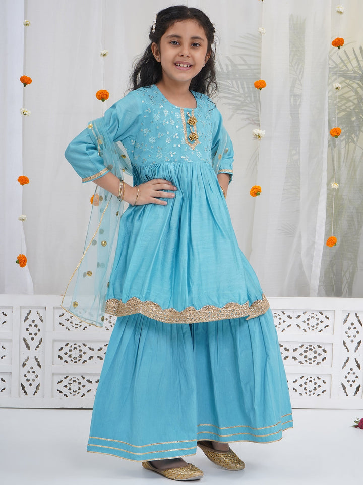 Girls Blue Kurta Sharara Set | SHOBITAM