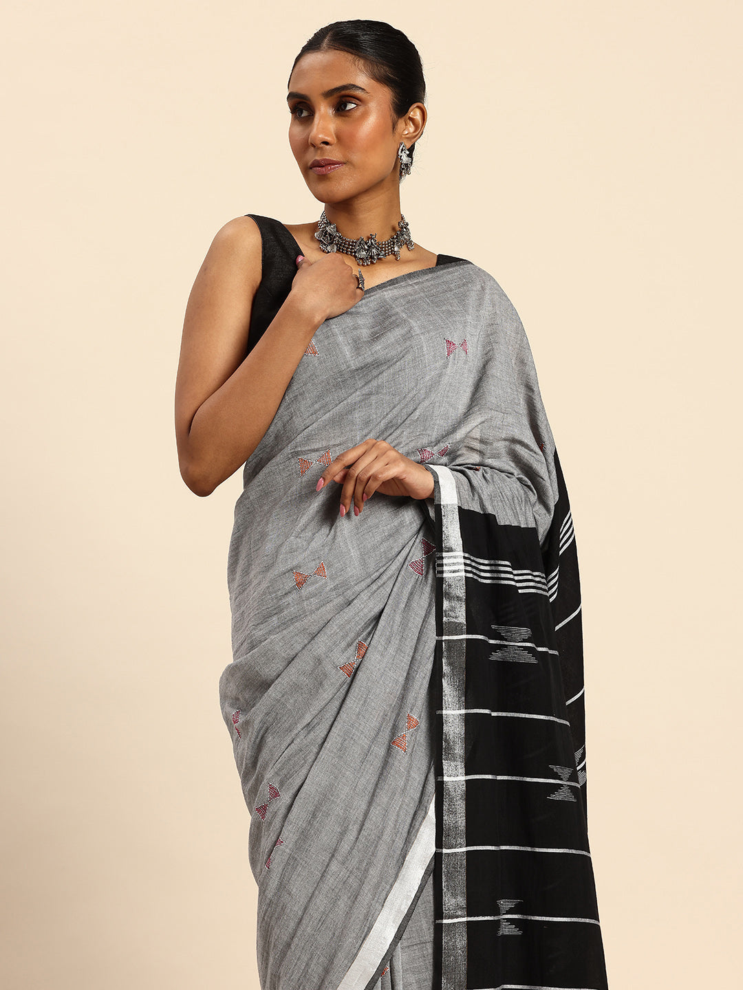 Grey Black Handloom Cotton Kantha Stitch Saree | SHOBITAM
