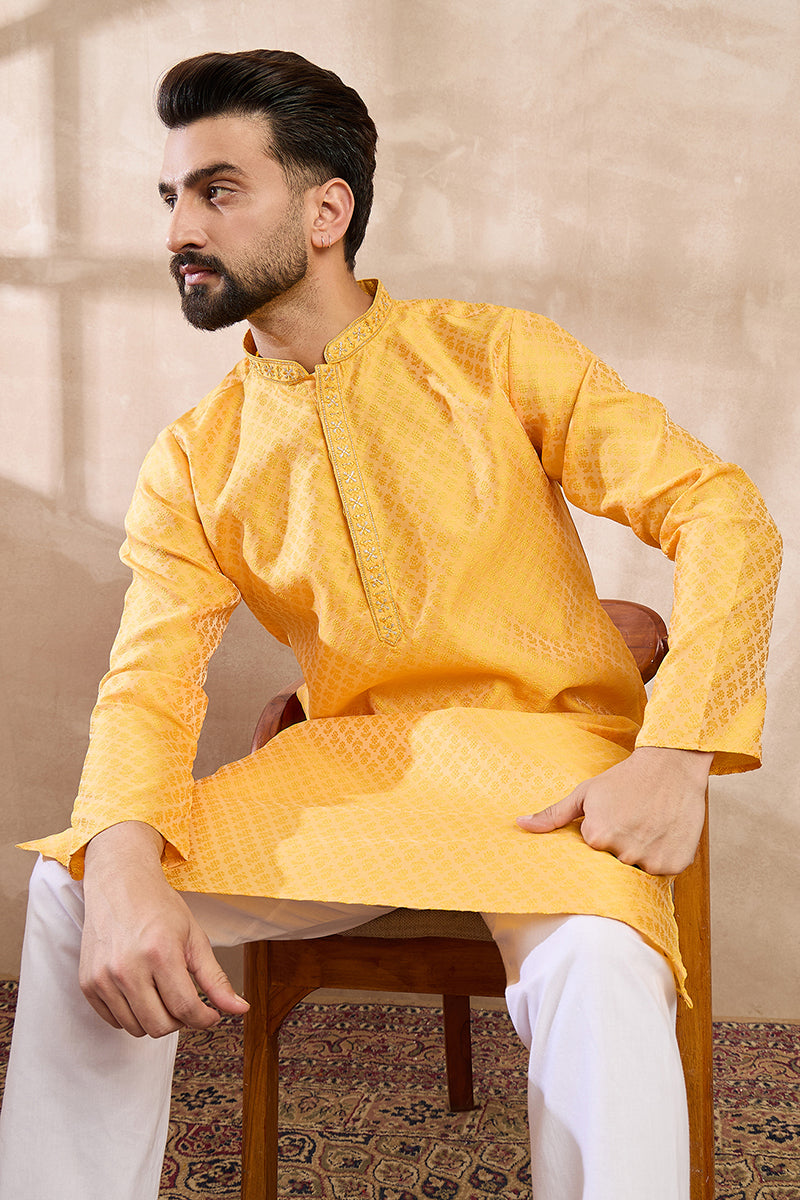 Yellow Silk Blend Solid Embroidered Straight Kurta With Trouser | SHOBITAM