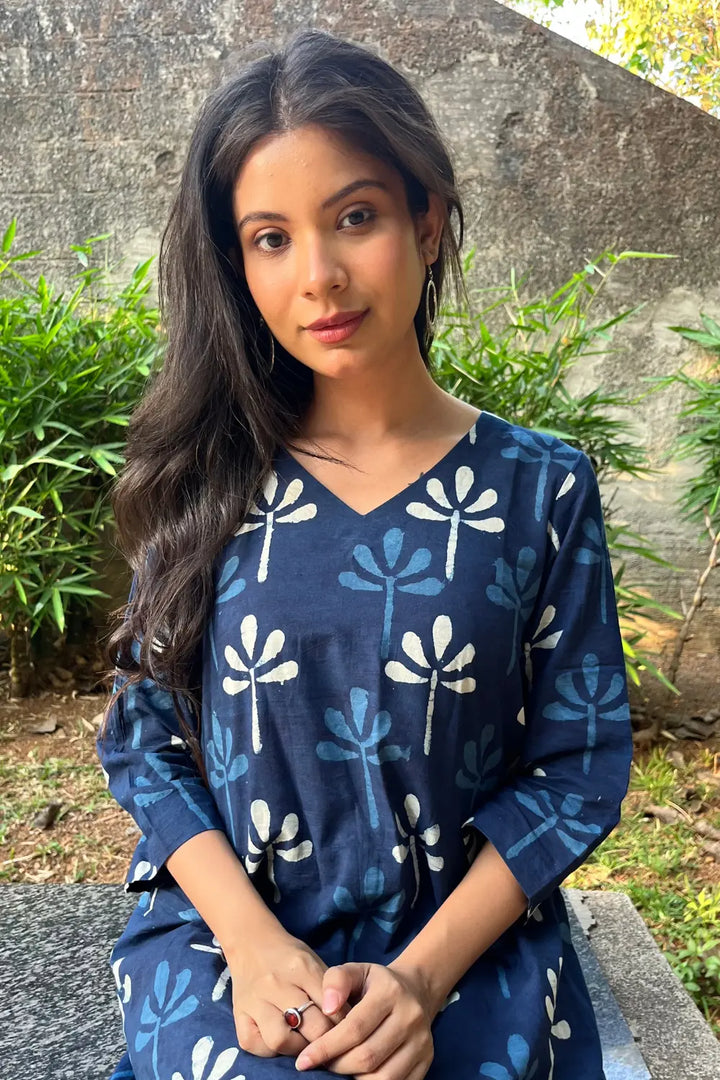Indigo Block Print Dress | SHOBITAM