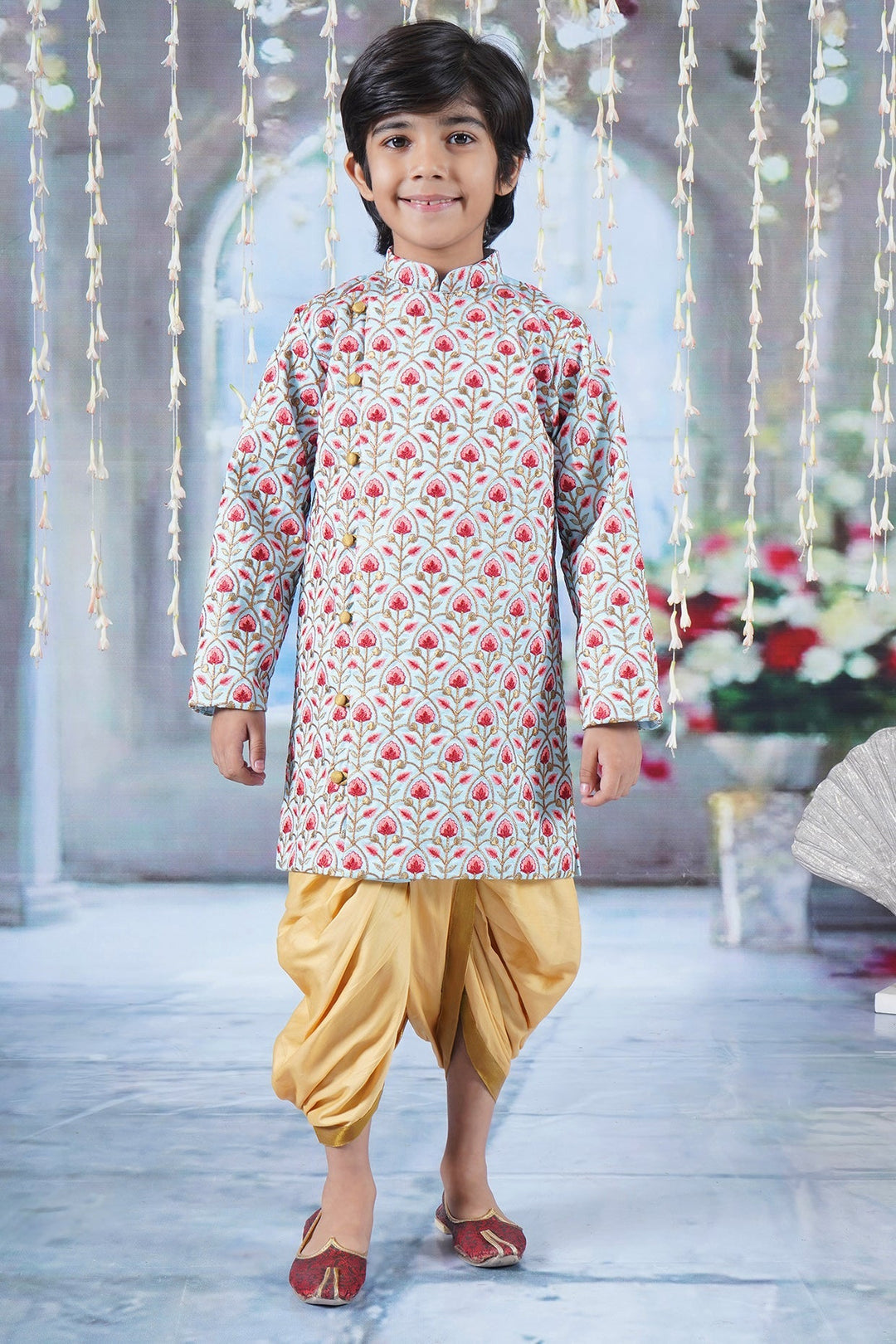 Boys Bageecha Floral Thread work Angrakha Sherwani with Beige Silk Dhoti | SHOBITAM
