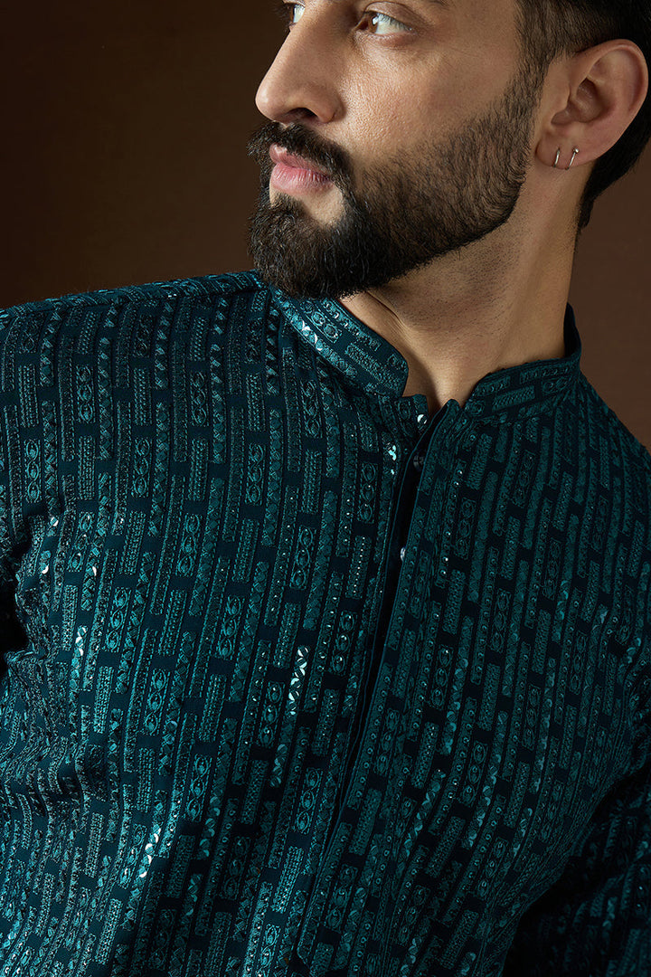 Teal Georgette Solid Embroidered Straight Kurta Sets | SHOBITAM