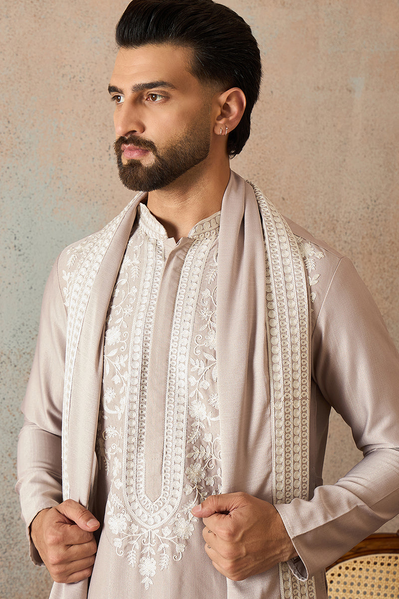 Mens Beige Silk Blend Solid Embroidered Kurta Trouser With Dupatta | SHOBITAM