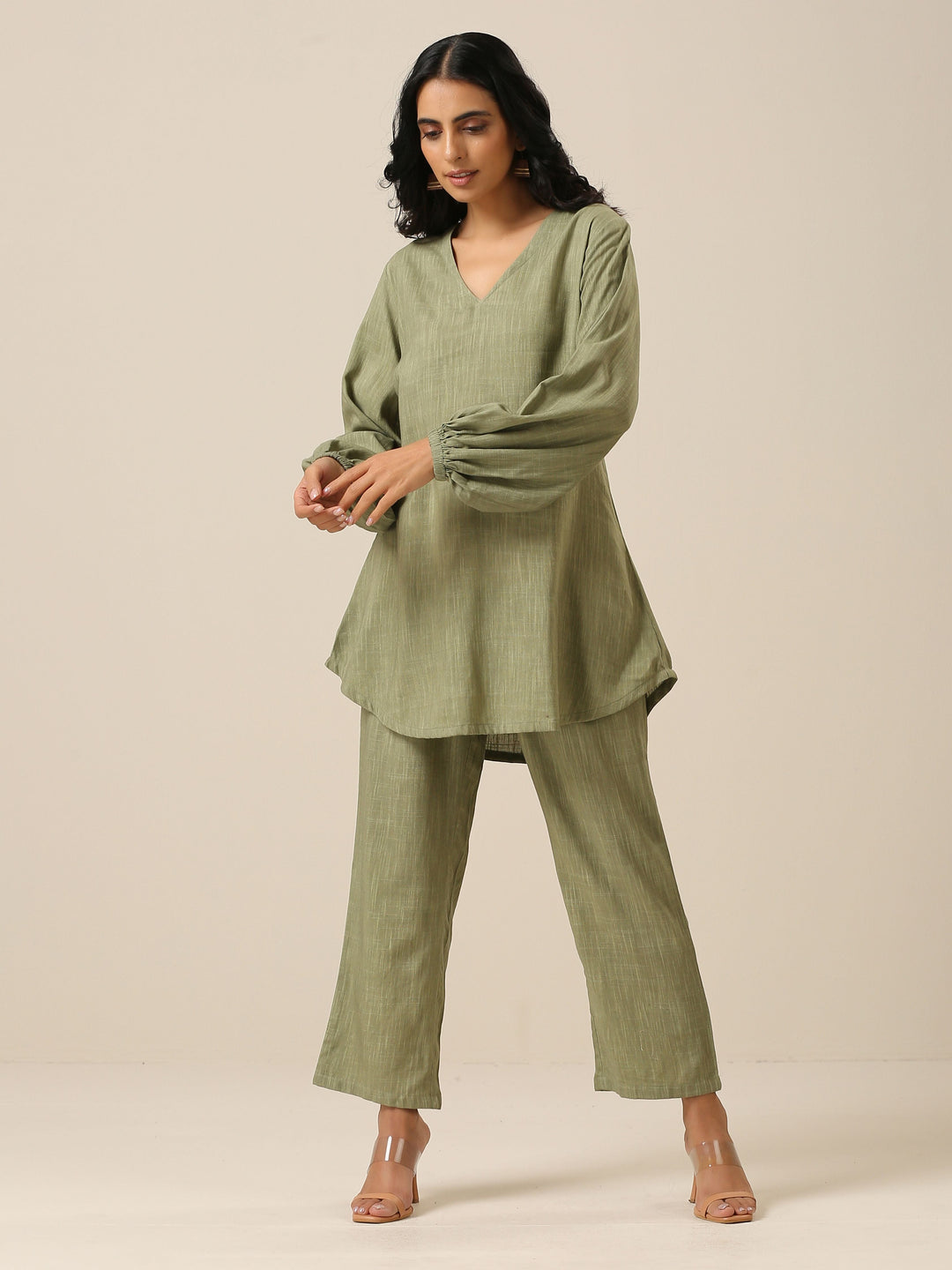 Sage Slub Textured Short Co-Ord Set | SHOBITAM