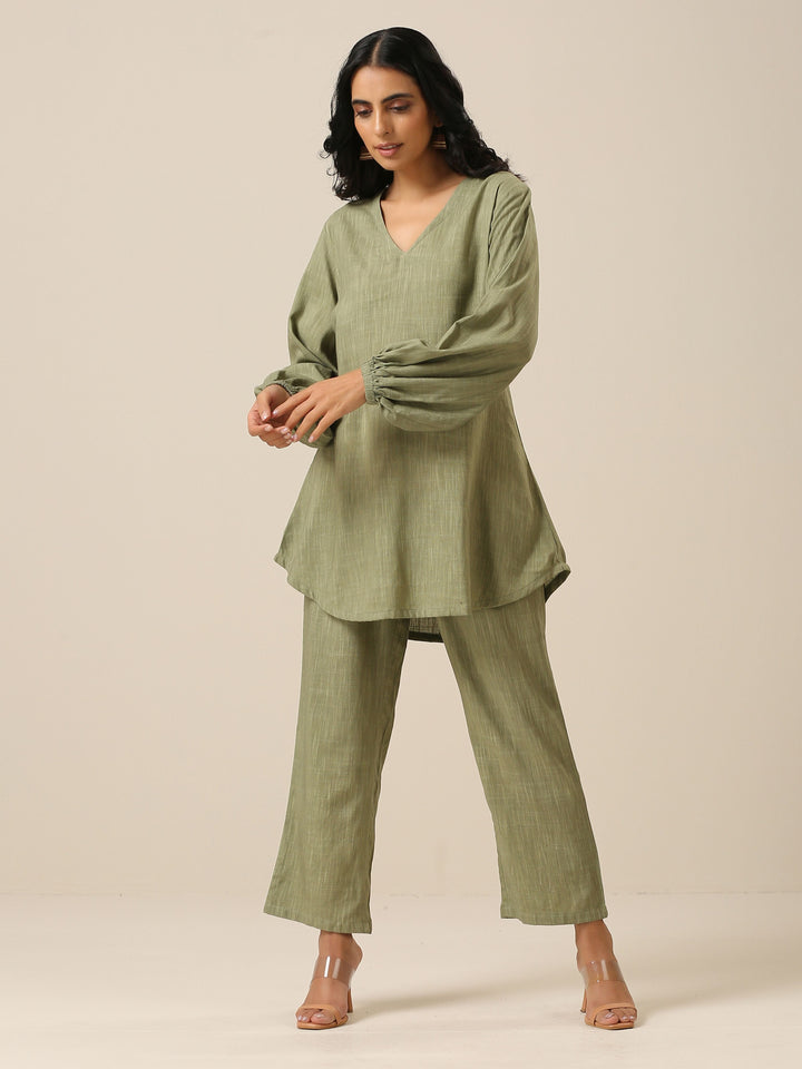 Sage Slub Textured Short Co-Ord Set | SHOBITAM