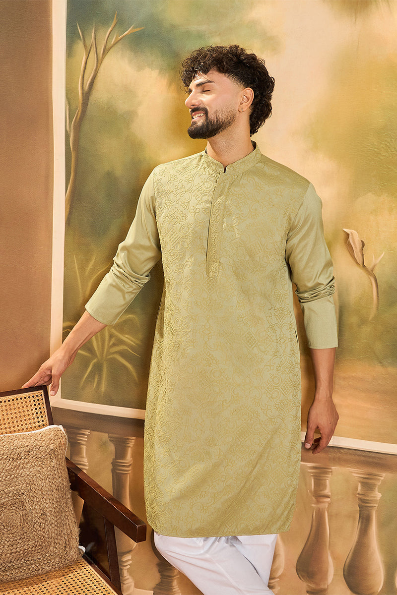 Green Silk Blend Solid Embroidered Straight Kurta | SHOBITAM