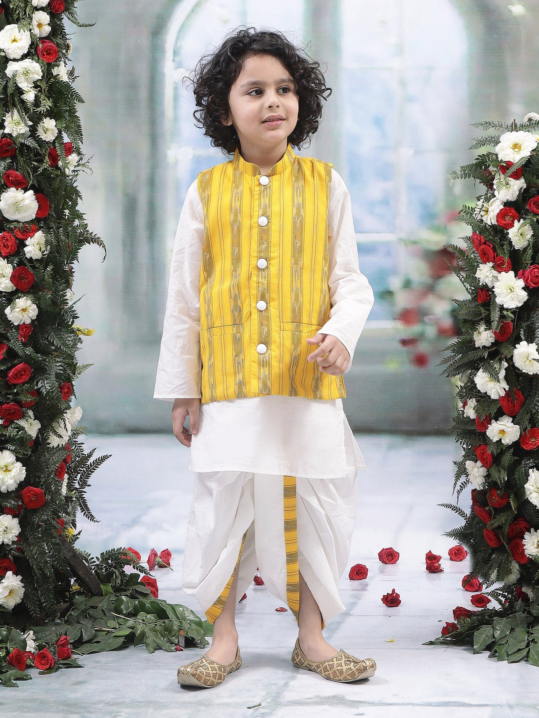 Yellow Ikat Nehru Jacket with Cotton Kurta Dhoti Set | SHOBITAM