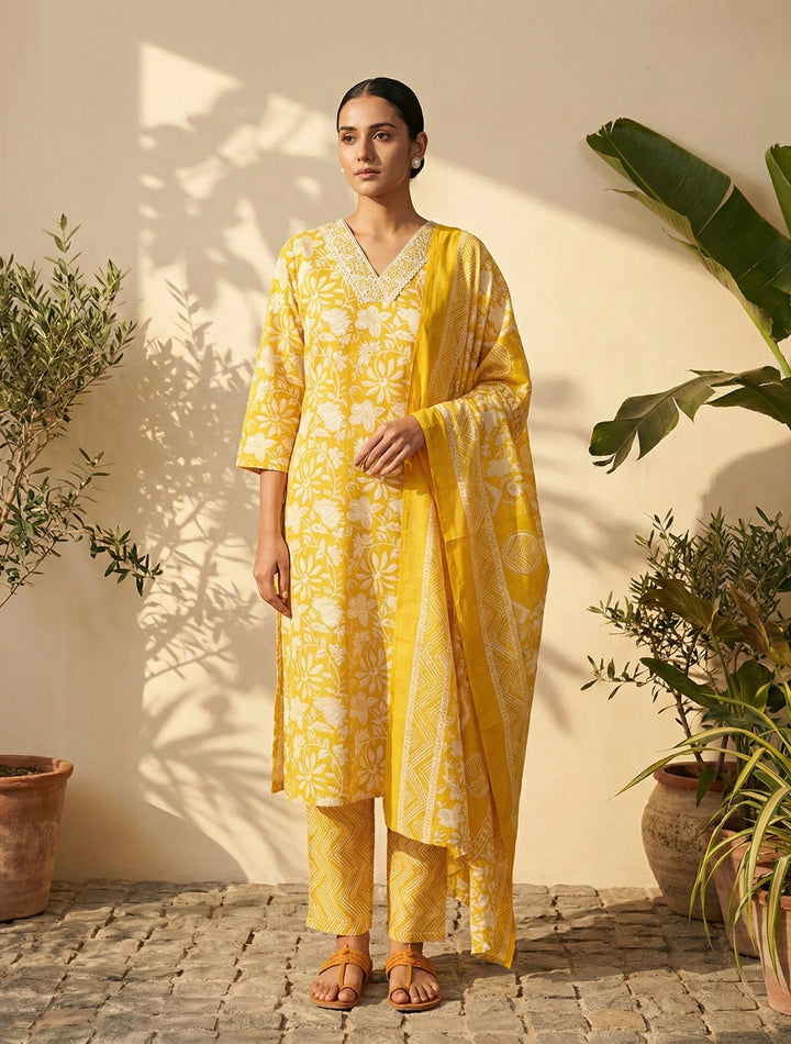 Yellow Floral Print Kurta Pant Dupatta Set | SHOBITAM