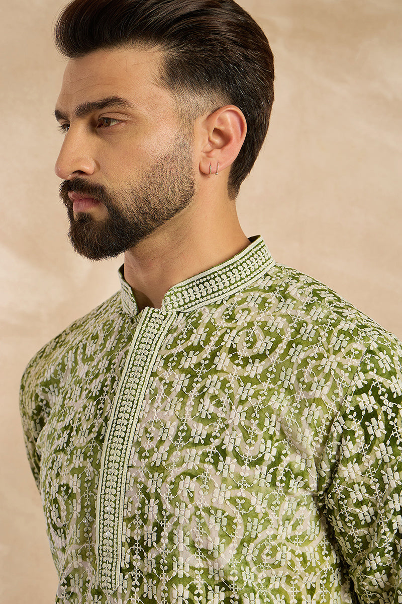 Green Viscose Rayon Batik Embroidered Straight Kurta With Trouser | SHOBITAM