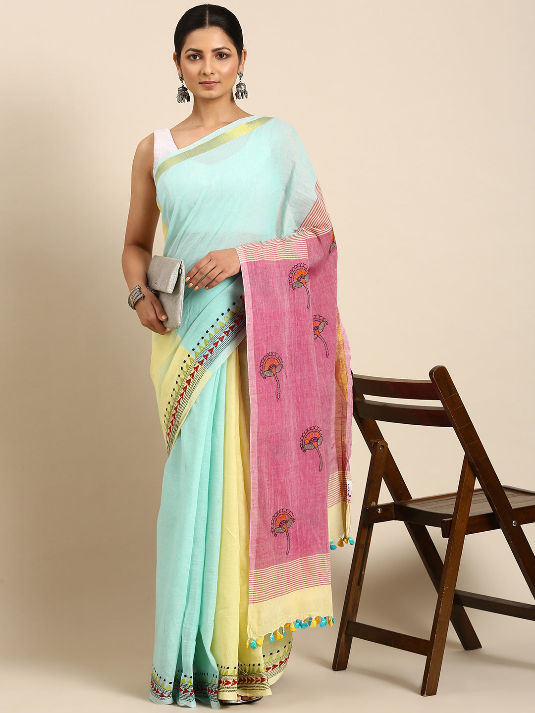 Blue Pink Pure Cotton Kantha Stitch saree | SHOBITAM
