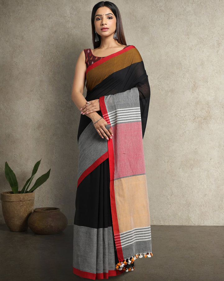 Handloom Colour block Cotton Saree with pompoms | SHOBITAM