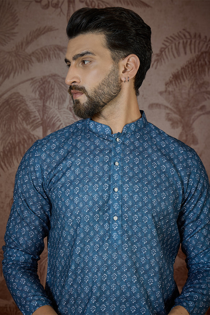 Mens Blue Linen Floral Print Regular Kurta With Trouser | SHOBITAM