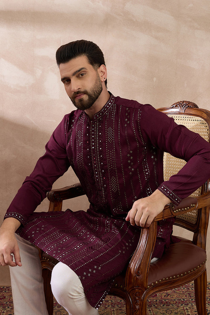 Purple Silk Blend Embroidered Mandarin Collar Straight Kurta With Trouser | SHOBITAM