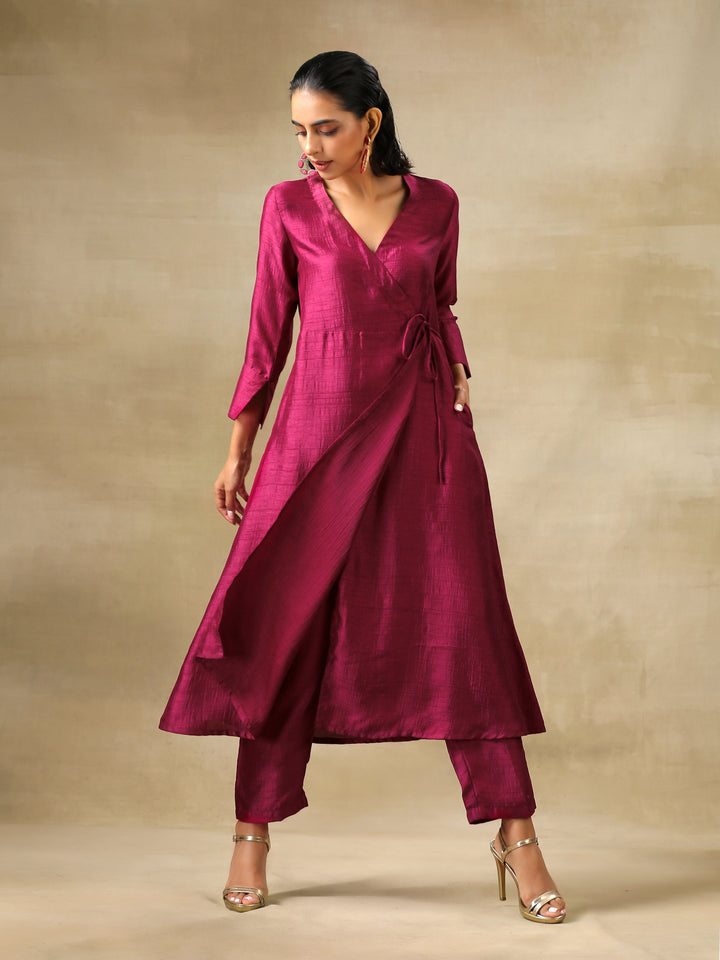 Purple Textured Silk Angrakha Kurta Pant Set | SHOBITAM