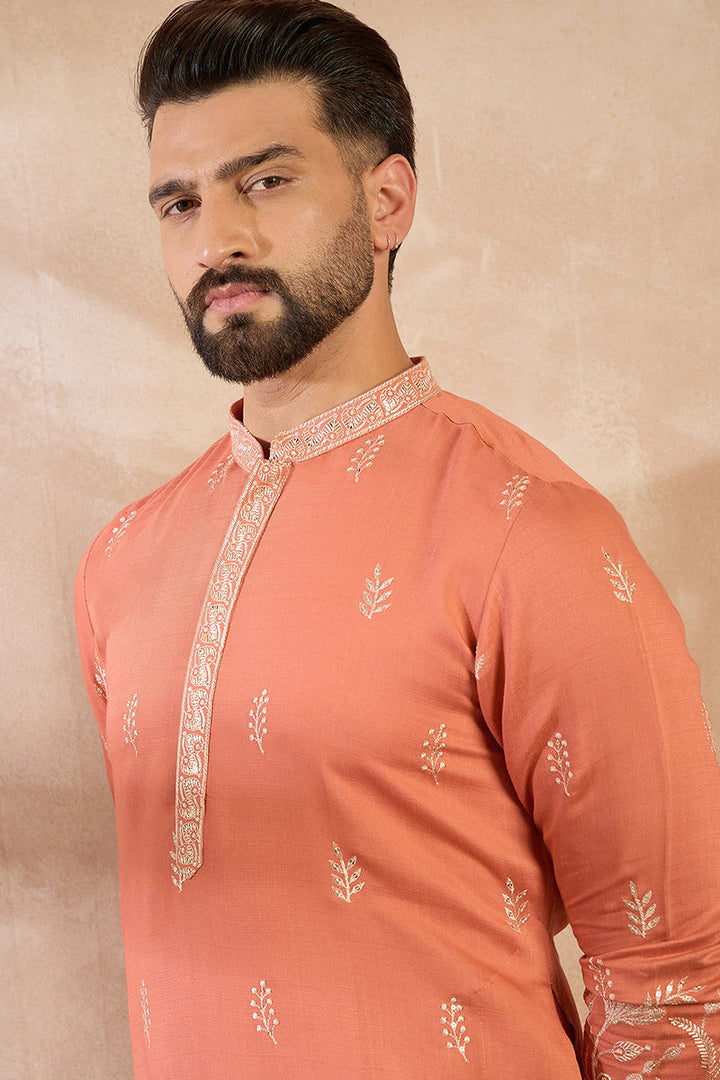 Peach Vartican Solid Embroidered Straight Kurta With Trouser | SHOBITAM
