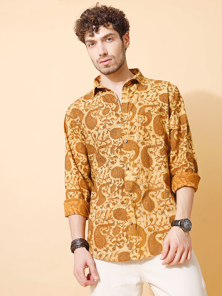 Haldi Gold Ajrakh Full Sleeve Cotton Shirt in Mustard for Men