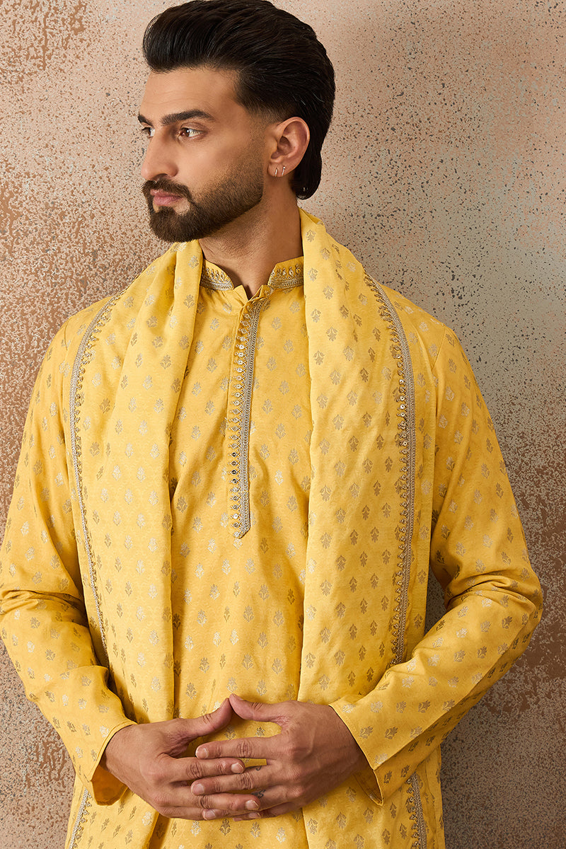 Men Yellow Jacquard Woven Design Floral Straight Kurta Sets | SHOBITAM