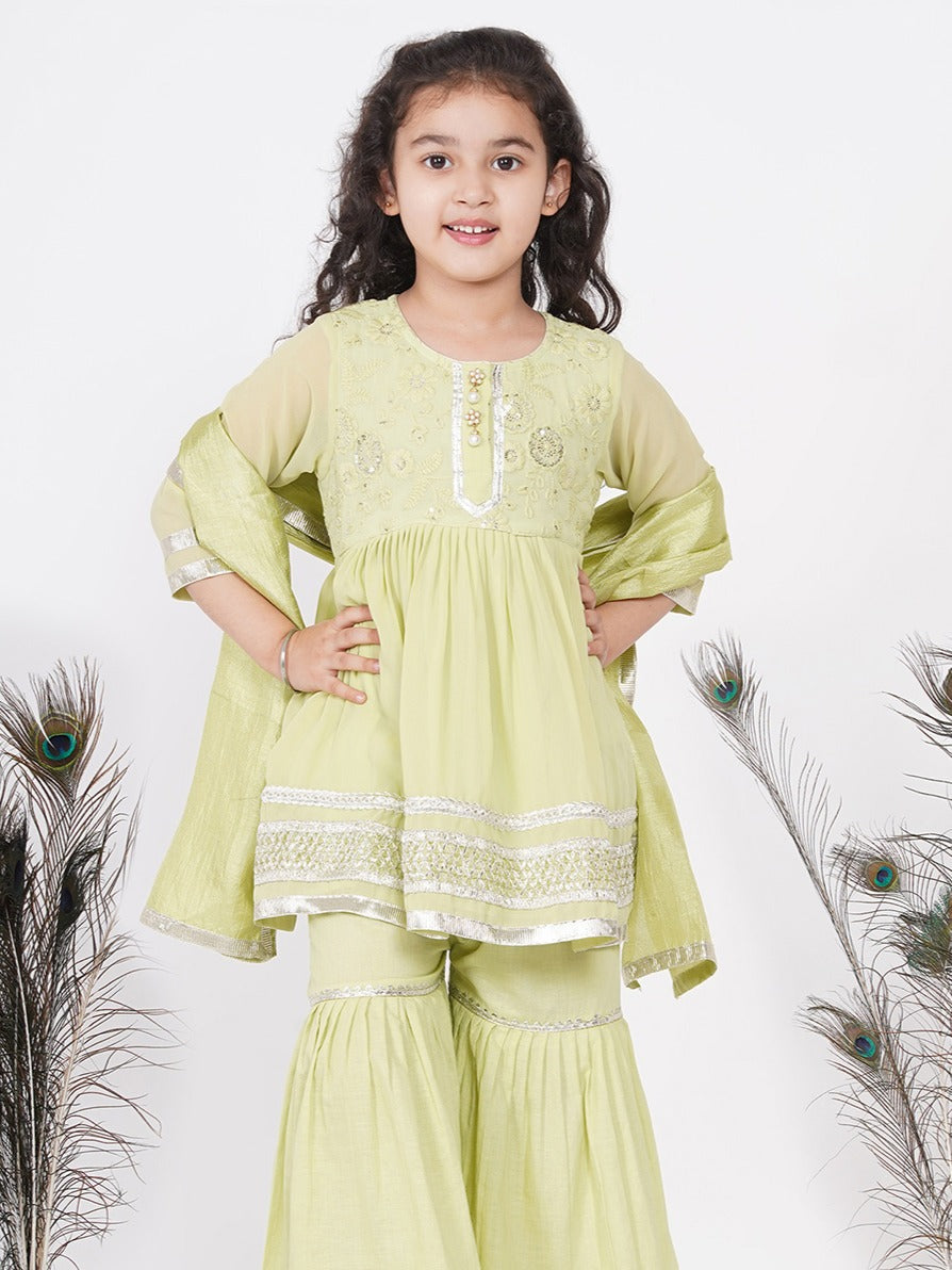Girls jaipuri Lacework Kurta frock with Sharara and Dupatta - Classic Green | SHOBITAM