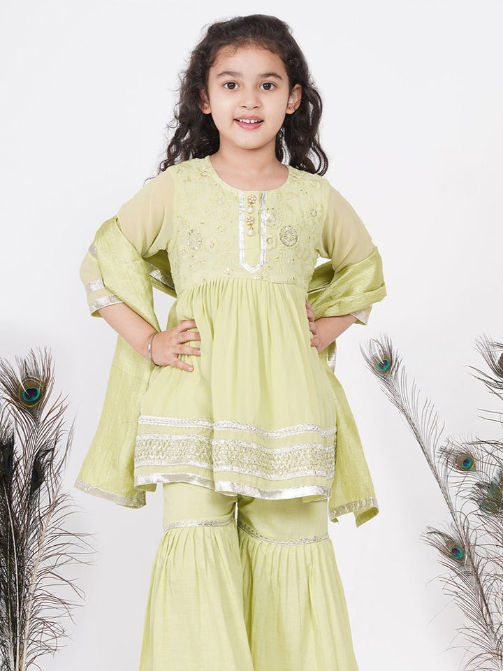 Girls jaipuri Lacework Kurta frock with Sharara and Dupatta - Classic Green | SHOBITAM